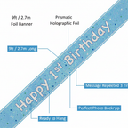 Blue glitz 1st birthday banner feature infographic showing 9ft length and prismatic foil