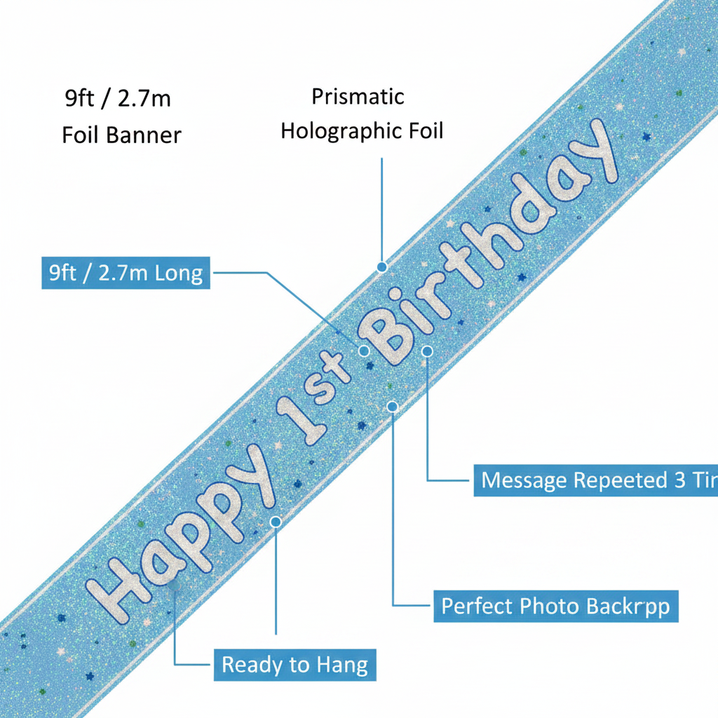 Blue glitz 1st birthday banner feature infographic showing 9ft length and prismatic foil