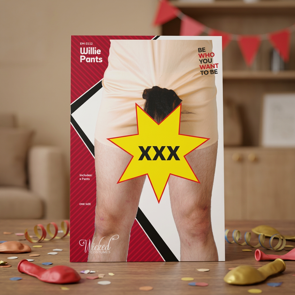 A novelty underwear packaging box for ' Willie Pants' by Wicked Costumes, displayed on a wooden table with party decorations like confetti and uninflated balloons. The box features a humorous photo of a person's legs with their shorts pulled up, showing a black novelty poop bag, with a large yellow star graphic containing 'XXX'.