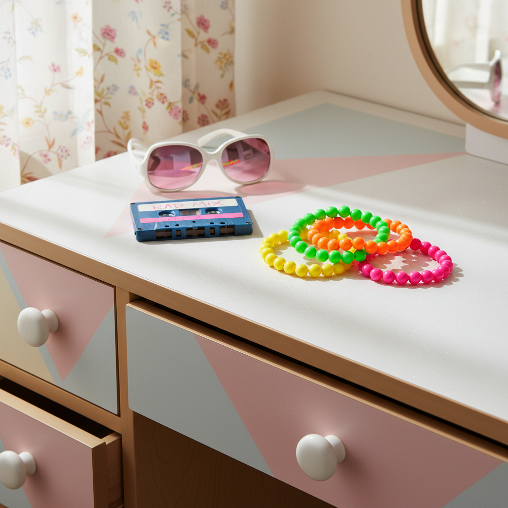 4 neon bead bracelets styled on a retro 1980s dressing table with cassette tape and sunglasses props, natural window light