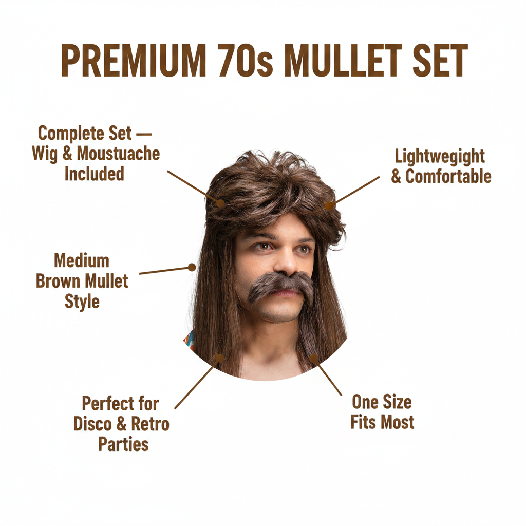 70s Guy Brown Wig and Moustache Set feature infographic with callout labels on white background