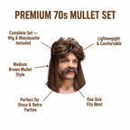 70s Guy Brown Wig and Moustache Set feature infographic with callout labels on white background