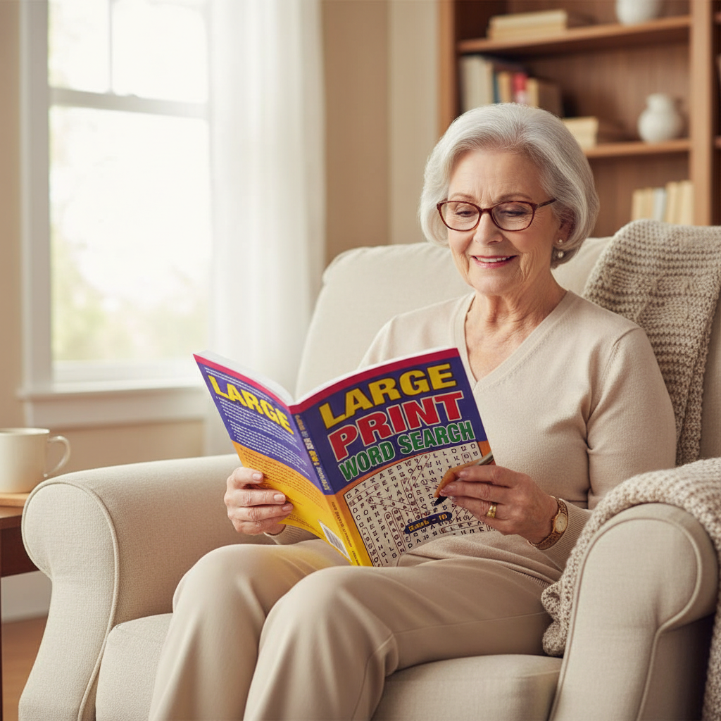 Senior woman with reading glasses enjoying an A5 Large Print Word Search Book in her armchair