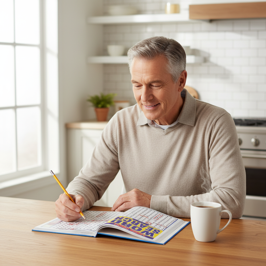 Retired man doing a Large Print Wordsearch Book at the kitchen table with a coffee
