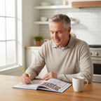 Retired man doing a Large Print Wordsearch Book at the kitchen table with a coffee