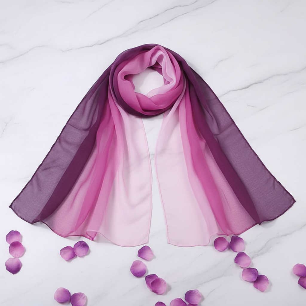 Lightweight gradient purple chiffon neck scarf elegantly draped on marble surface with purple flower petals