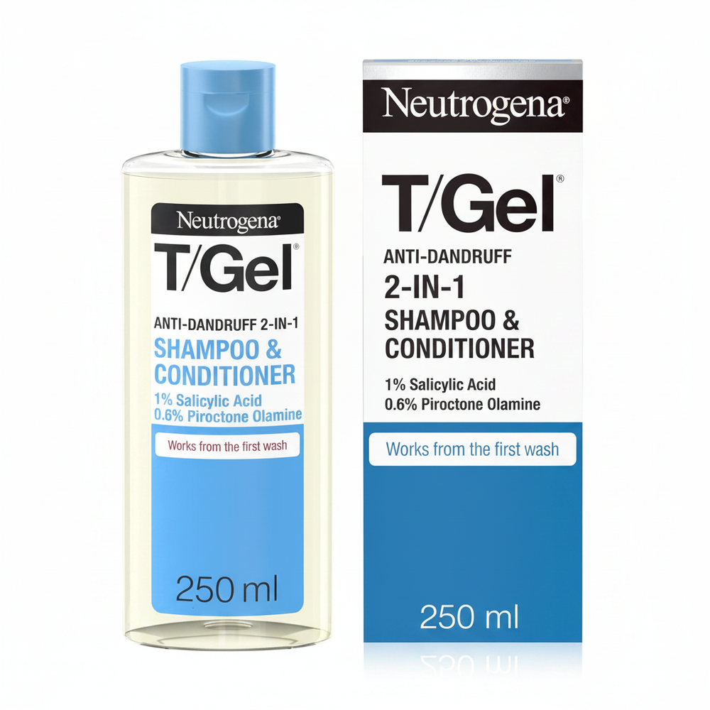 Neutrogena T/Gel 2-in-1 Anti-Dandruff Shampoo & Conditioner 250ml bottle and box on white background