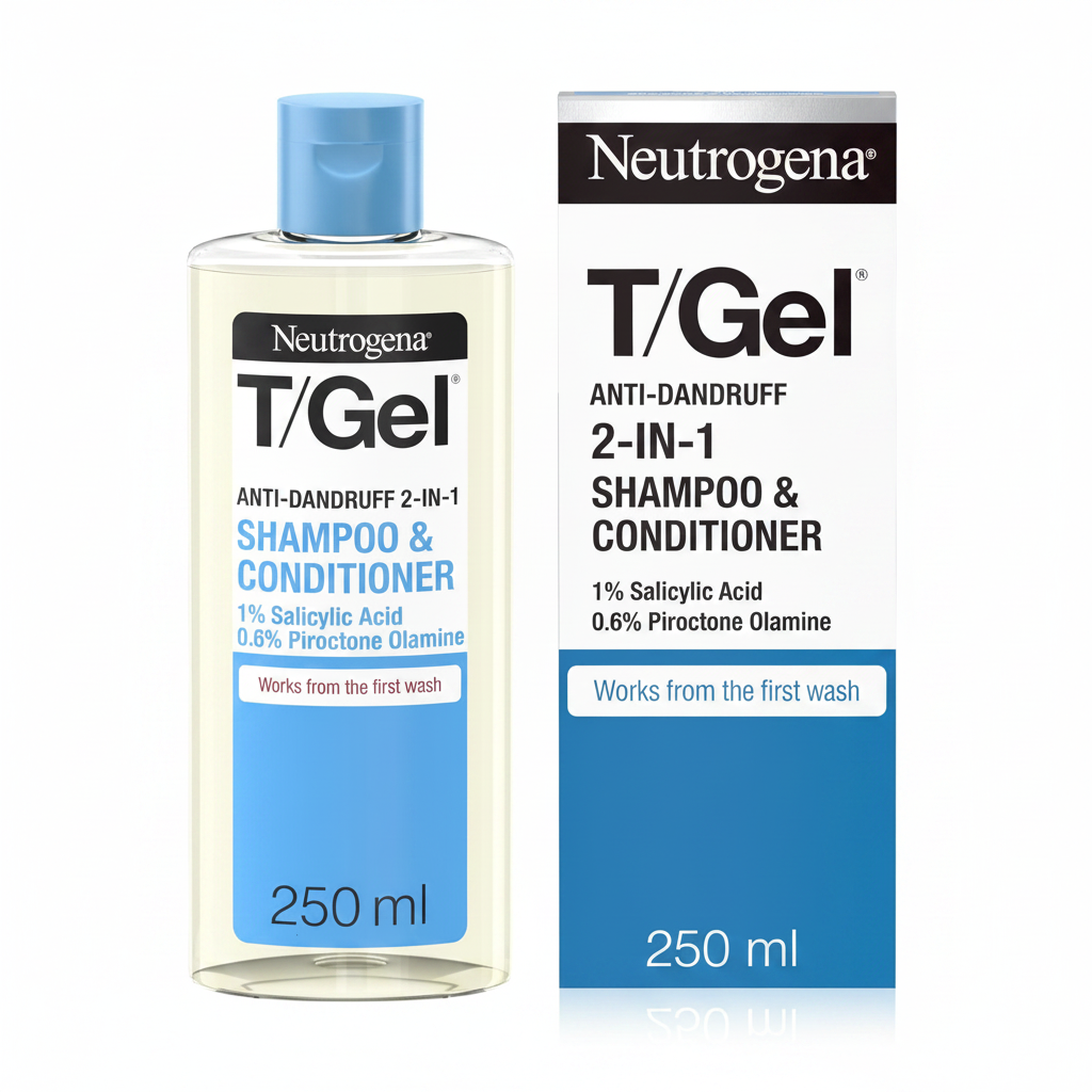 Neutrogena T/Gel 2-in-1 Anti-Dandruff Shampoo & Conditioner 250ml bottle and box on white background