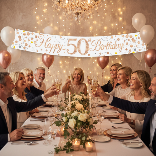Elegant 50th birthday celebration with guests and Sparkling Fizz rose gold banner on wall