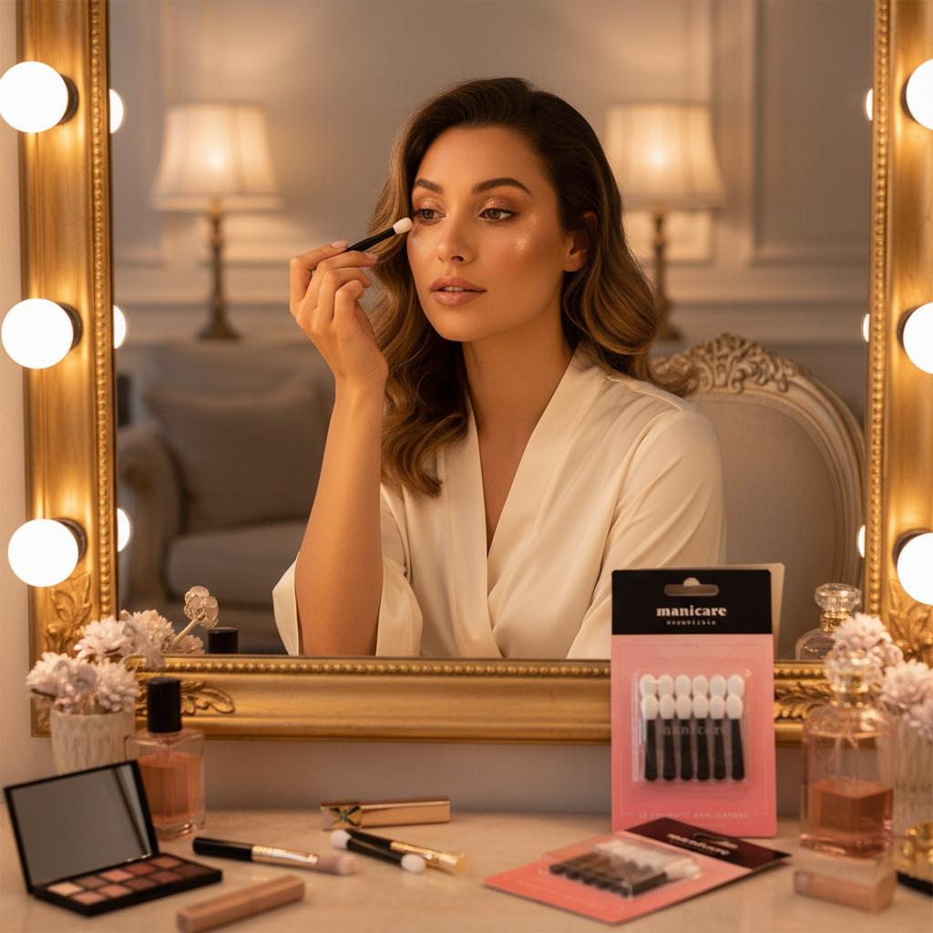 Woman sitting at vanity mirror applying eyeshadow using a small sponge applicator