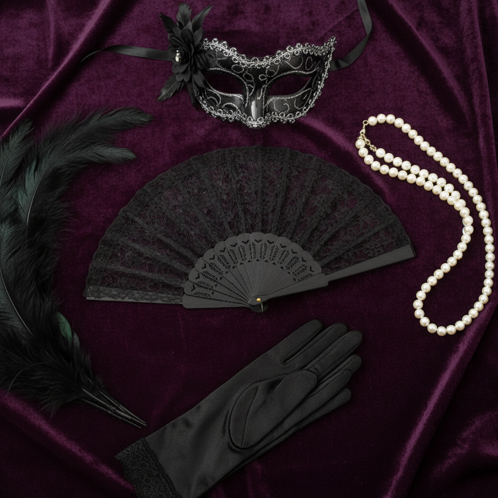 Flat lay of black lace hand fan with feathers, pearls and masquerade mask accessories