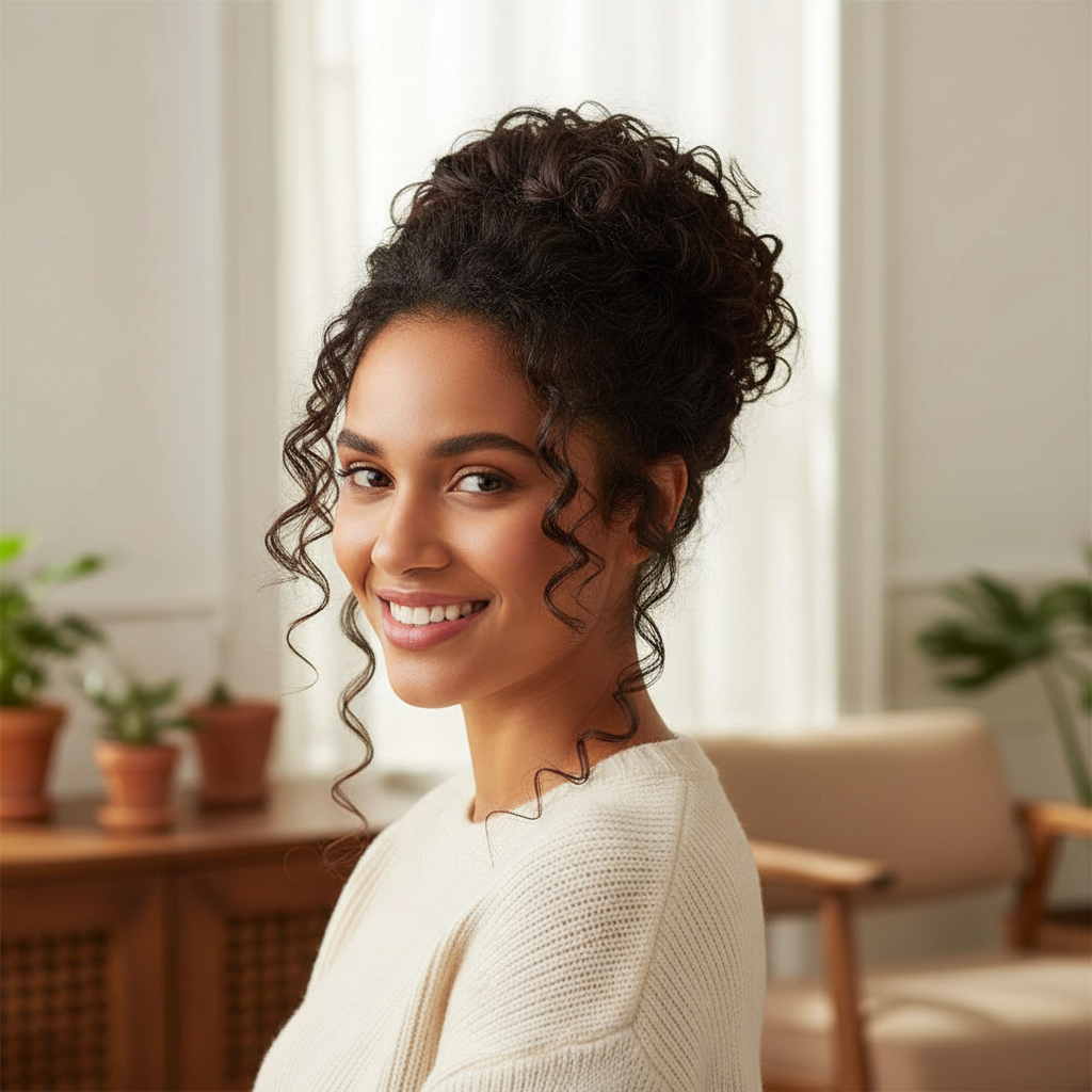 Woman with gorgeous voluminous chocolate brown curly updo showing the beautiful result of wearing the 4 Chocolate Dahlia hair bun clip-in