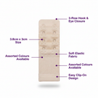 Adorn bra extension strap feature infographic showing 3-row hook closure, soft elastic fabric, 3.8cm size and assorted colours