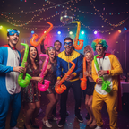 Adults in fancy dress at a hen party laughing and posing with inflatable saxophones