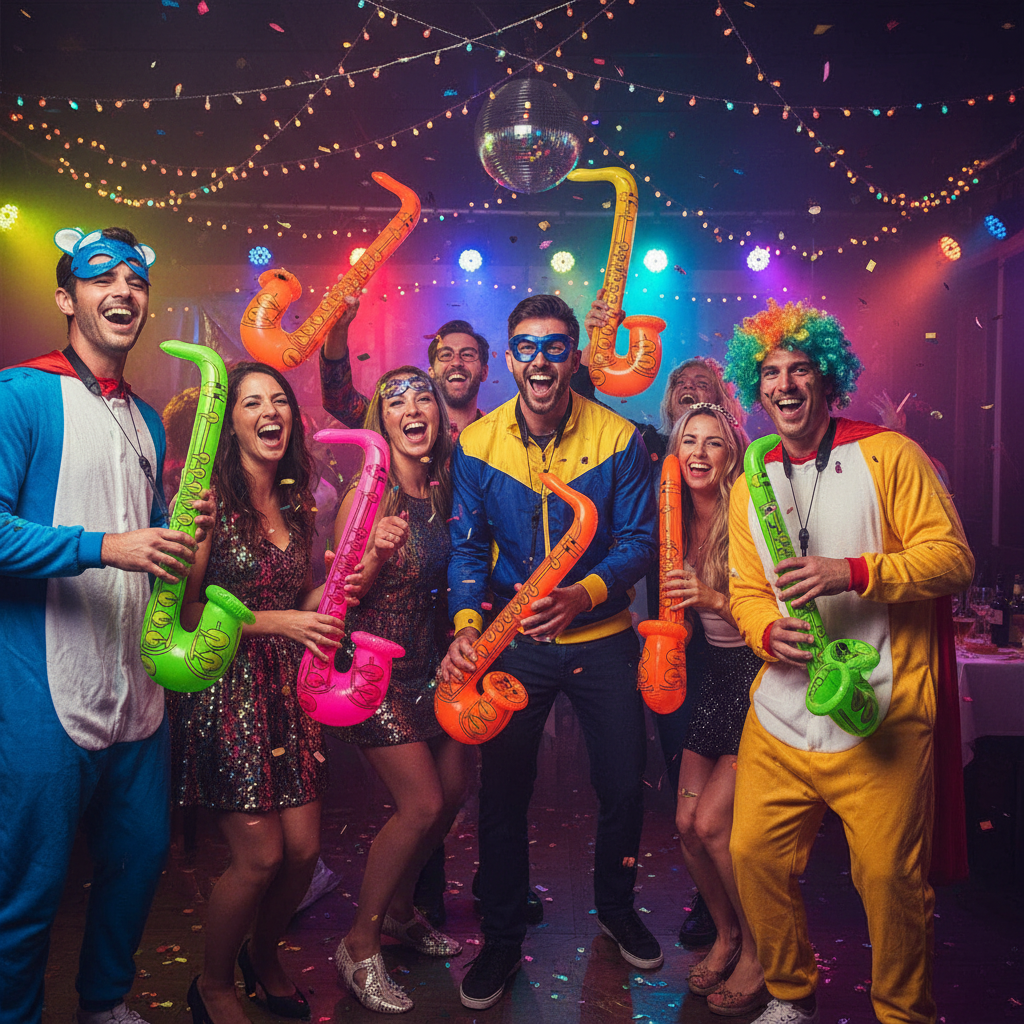 Adults in fancy dress at a hen party laughing and posing with inflatable saxophones