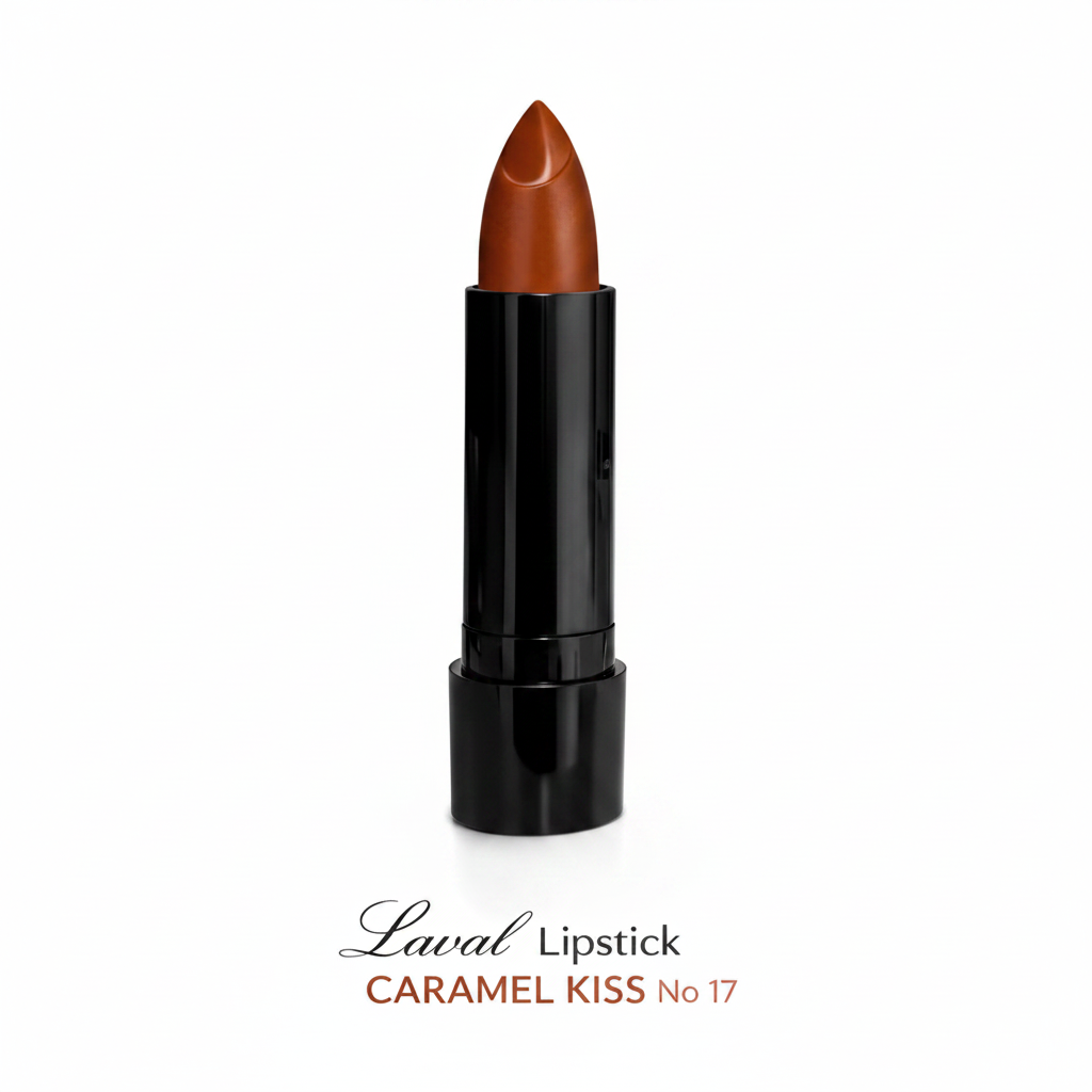 Laval Caramel Kiss Lipstick 17 matte black tube on pure white background, studio hero shot