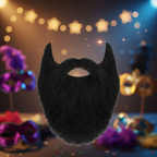 Mens black fancy dress beard displayed on elegant party background with theatrical lighting