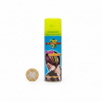 Party Success Fluorescent Yellow Hair Colour Spray 125ml flat lay beside a £1 coin showing product size on white background