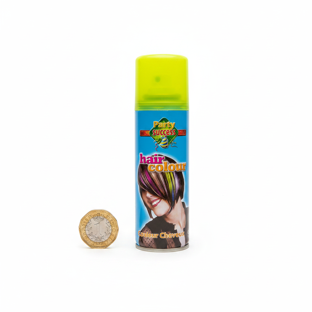 Party Success Fluorescent Yellow Hair Colour Spray 125ml flat lay beside a £1 coin showing product size on white background