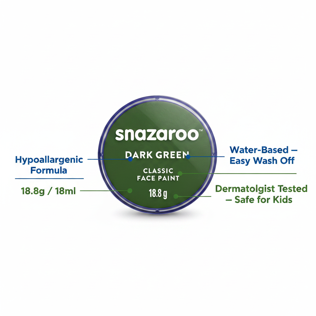 Snazaroo Dark Green Face Paint 18ml infographic showing key features: hypoallergenic, water-based, dermatologist tested, easy wash off