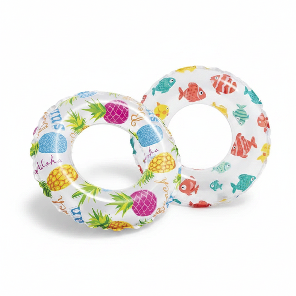 Two Intex inflatable swim rings for children ages 3-6 on white background — pineapple print and tropical fish print designs