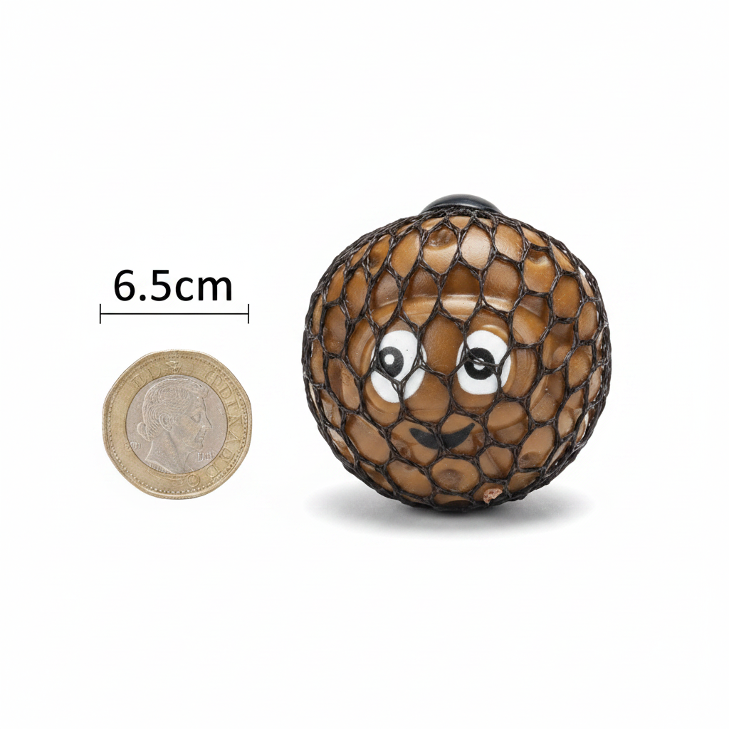 Squeezy Funny Face Poop 6.5cm brown mesh squishy toy beside a £1 coin showing size comparison on white background