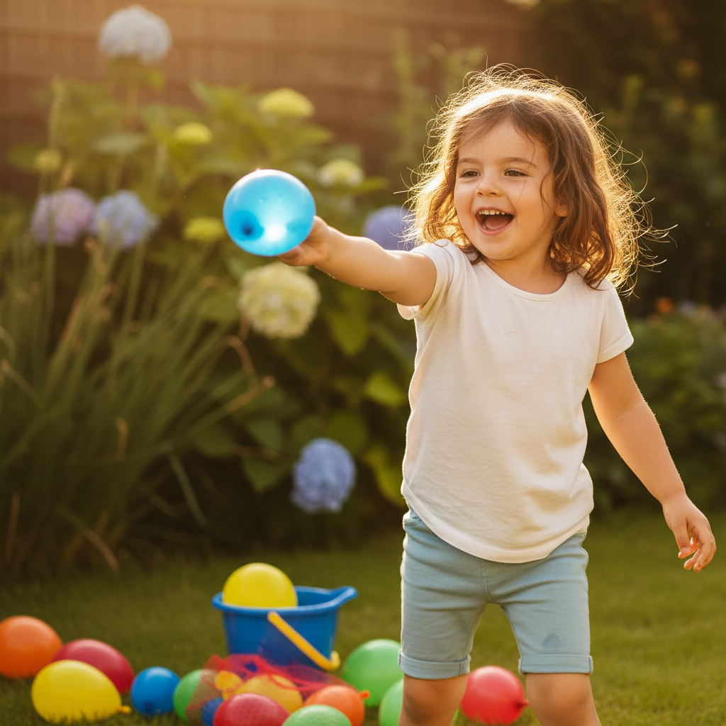 Child laughing and throwing a brightly coloured water balloon in a sunny garden, summer fun lifestyle shot