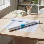 Tiger clear book cover film roll on a tidy home study desk with books, pencils and ruler in natural window light