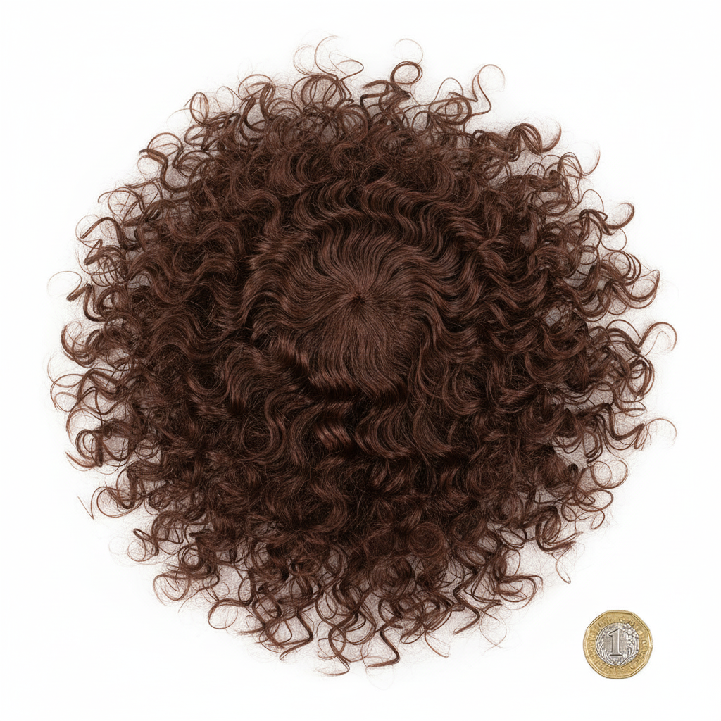 Long curly brown costume wig flat lay beside £1 coin on white background to show scale