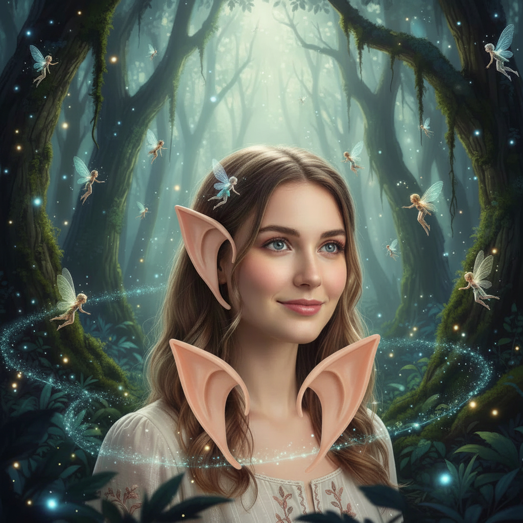Cosplay elf pixie ears on magical forest background - premium fantasy costume accessory