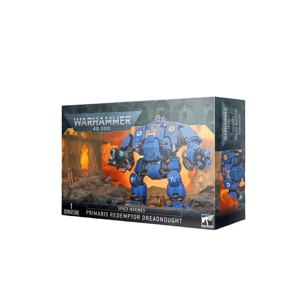 Warhammer 40k Primaris Redemptor Dreadnought box with battlefield background