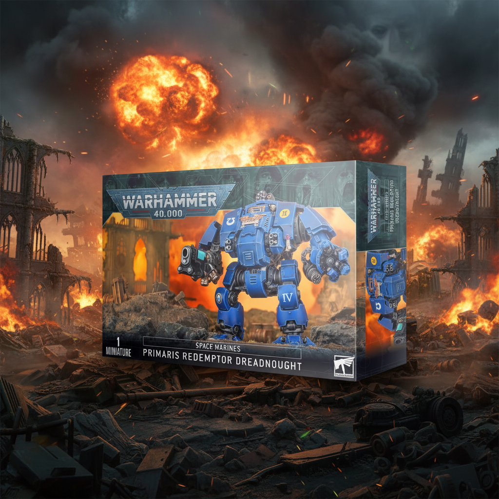 Warhammer 40k Primaris Redemptor Dreadnought box with battlefield background