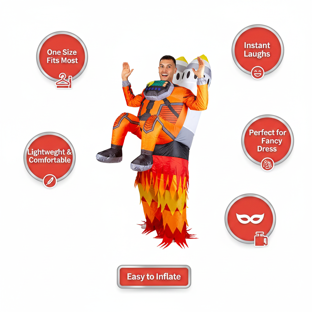 Inflatable Rocket Man costume feature infographic with A+ callout labels