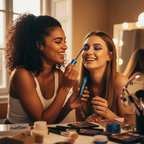 Two young women getting ready for a night out applying W7 It's Really Colour Mascara in Electric Blue, fun vibrant beauty lifestyle