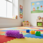 Purple Big Eye Puffer Caterpillar squeeze toy in a child's colourful playroom with natural window light, rule of thirds composition