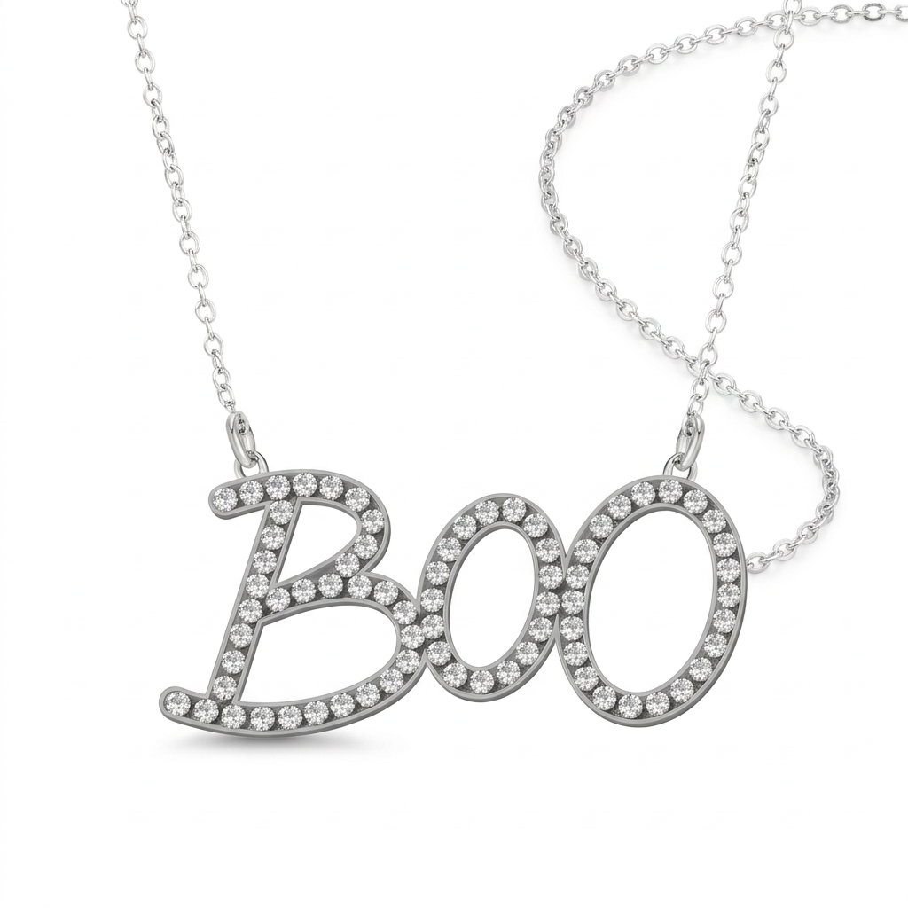 Silver-tone BOO Halloween necklace with clear decorative stones and chain on a white background
