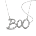 Silver-tone BOO Halloween necklace with clear decorative stones and chain on a white background
