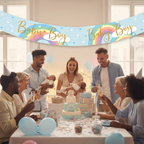Baby boy celebration with pastel rainbow holographic banner displayed above party table with guests