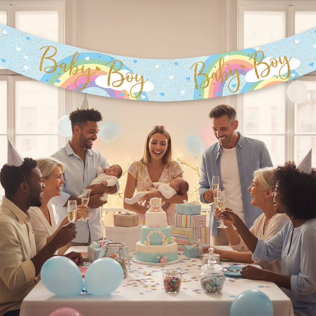 Baby boy celebration with pastel rainbow holographic banner displayed above party table with guests