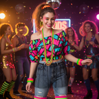 Complete 1980s retro party look featuring all 4 neon bead necklaces layered as the hero accessory