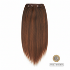 20 inch one piece straight clip-in hair extension in colour #2/5 Azalea dark brown beside a £1 coin for scale on white background