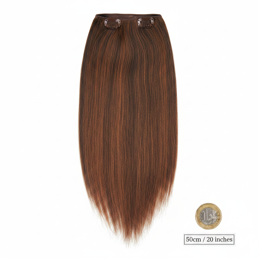 20 inch one piece straight clip-in hair extension in colour #2/5 Azalea dark brown beside a £1 coin for scale on white background