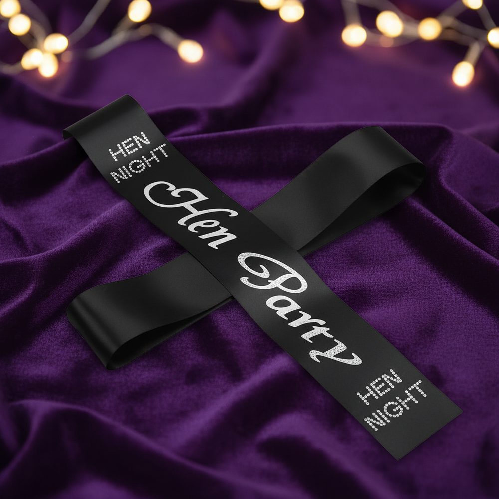 Black satin and diamante hen party sash displayed on purple velvet background with fairy light bokeh