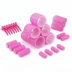 18 pack pink velcro hair rollers in 3 sizes arranged on a white background