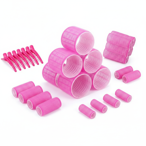 18 pack pink velcro hair rollers in 3 sizes arranged on a white background