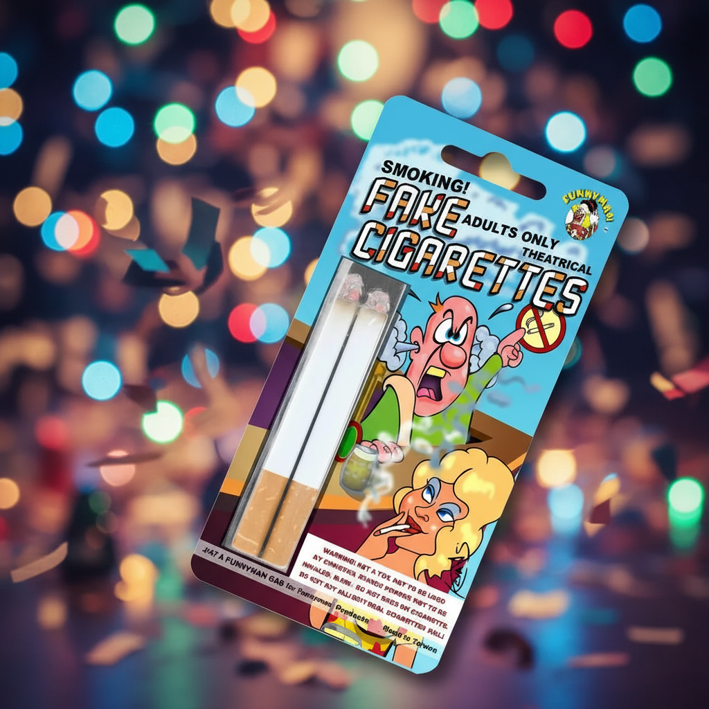 Fake smoking joke cigarettes pack of 2 displayed with festive party background - novelty prank prop