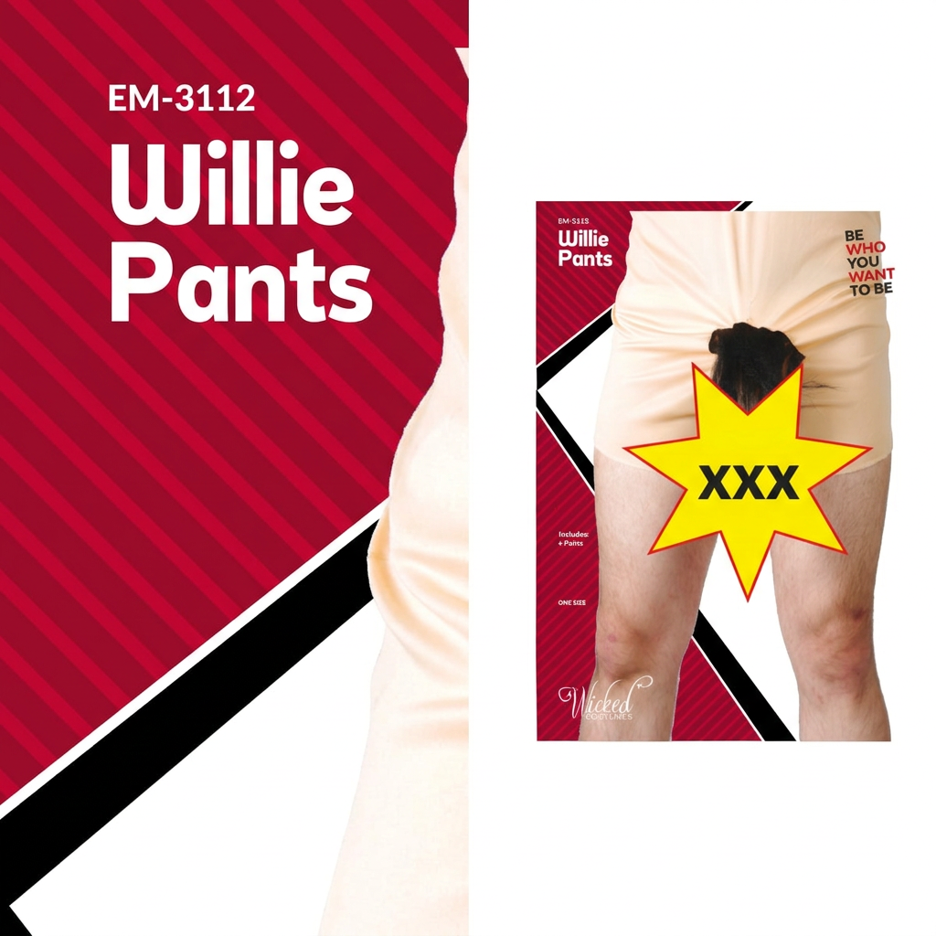 Product packaging and cover art for 'EM-3112 Willie Pants' by Naked. The left side features a bold red and black diagonal striped design with white text, while the right side shows the cover of the item with a model's lower back and legs, whose crotch area is censored by a yellow star with 'XXX' written inside.