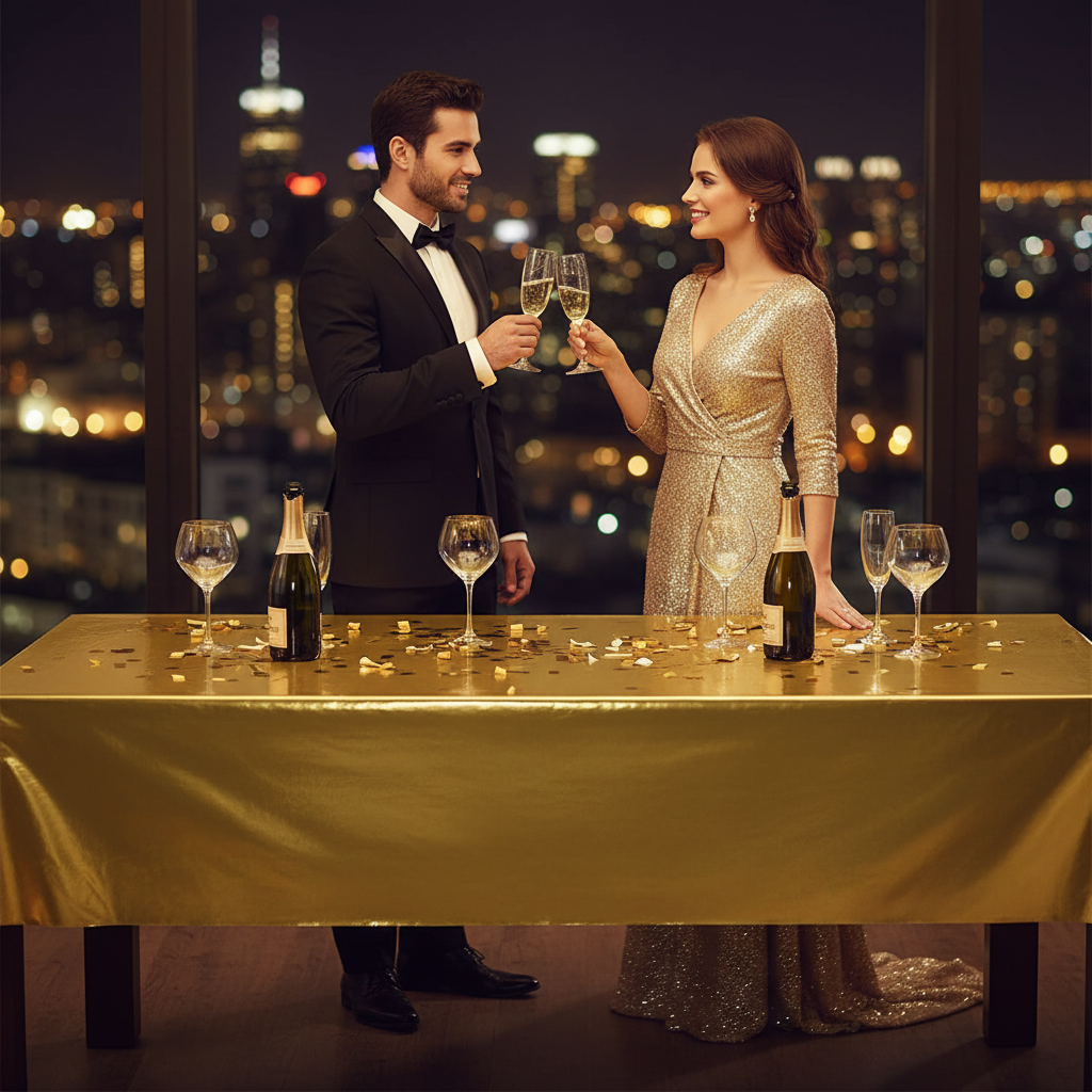 Gold party table cover on a luxurious New Year's Eve celebration table with champagne and confetti