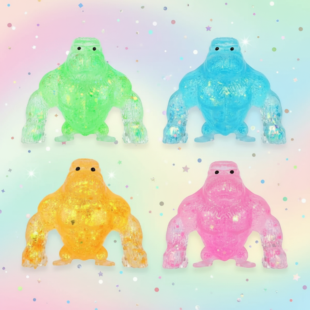 All four Stretch and Squeeze Gorilla Gel Toy colours arranged in 2x2 grid on pastel gradient background with glitter confetti