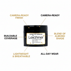 Leichner Camera Clear Foundation Blend of Almond feature infographic – camera-ready, buildable, lightweight, all-day wear